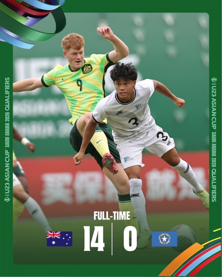 Gaming-U22国足同组对手澳大利亚14球横扫北马里亚纳，全场完成49次射门